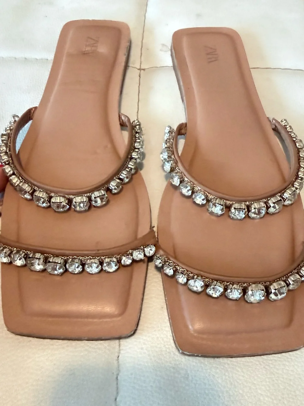 Zara Tan Slide Sandals with Pearl-Style Straps - Picture 2 of 3